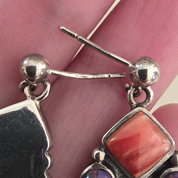 Navajo Native American Southwestern Sterling Silver Turquoise Cluster Earrings - Picture 11 of 13